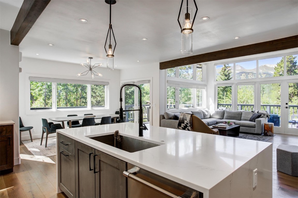 203 Wellington Road Breckenridge, CO 80424 - Photo 5 of 42 a kitchen with stainless steel appliances a sink a counter space a large window and cabinets