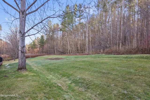 a view of backyard with large tree and wooden fence