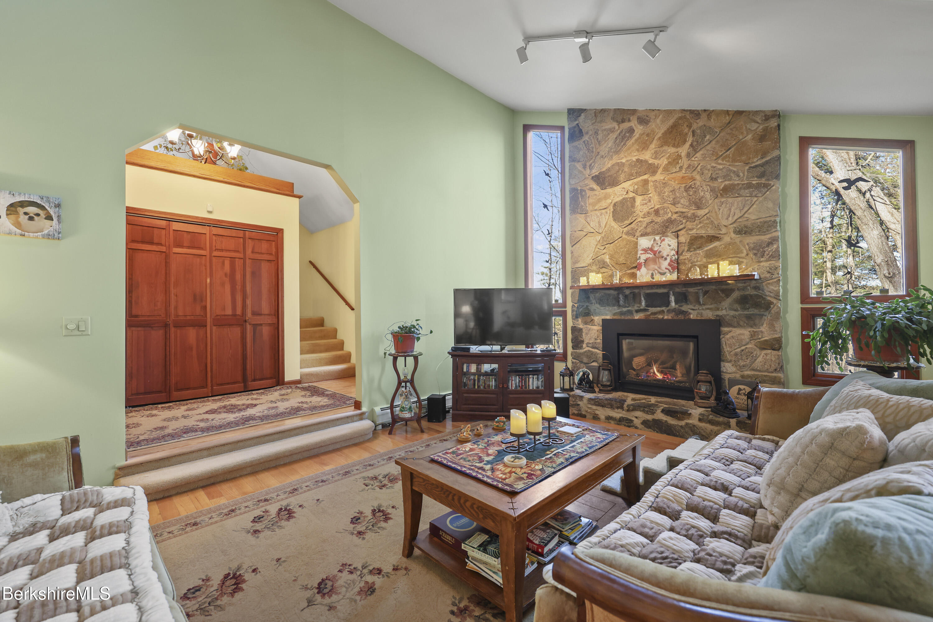 551 Tamarack Road Pittsfield, MA 01201 - Photo 6 of 51 a living room with furniture a flat screen tv and a fireplace