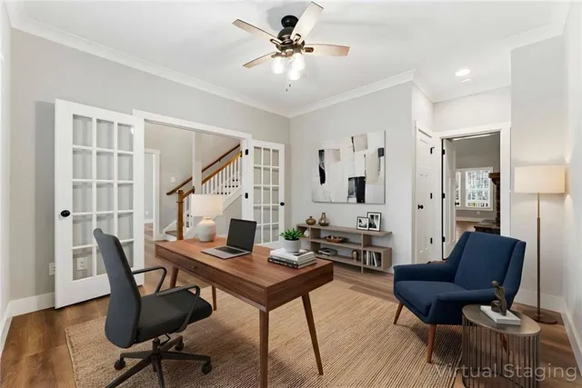 a workspace with furniture and wooden floor