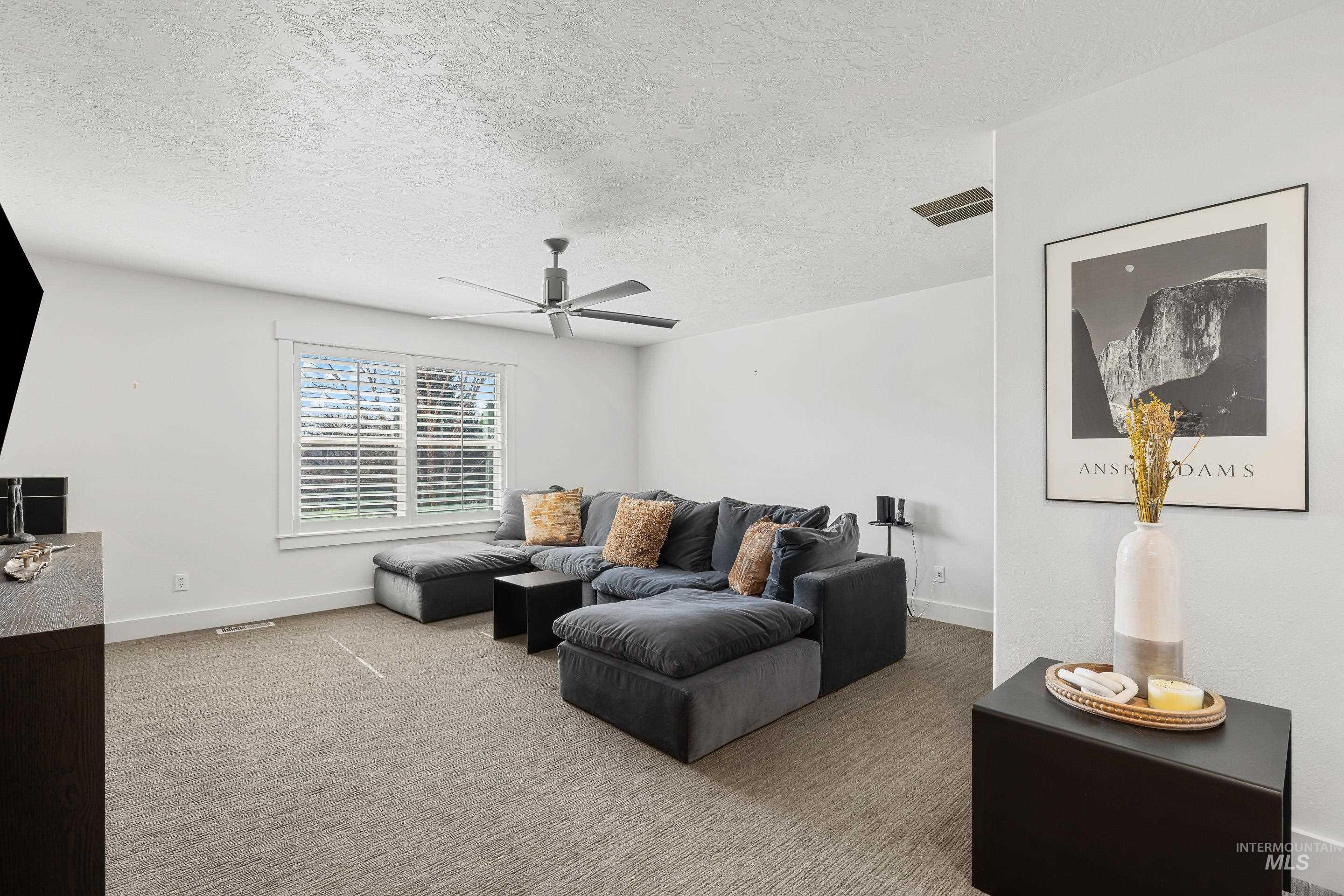 1166 East Rivers End Drive Eagle, ID 83616 - Photo 36 of 50 Living room featuring carpet floors, a textured ceiling, and a ceiling fan