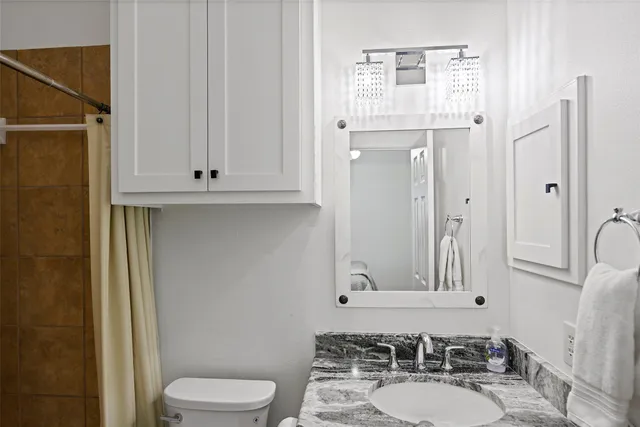 a bathroom with a sink a toilet and shower