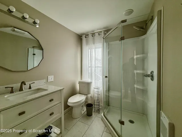 a bathroom with a shower sink vanity mirror and toilet