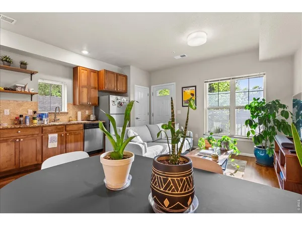 a living room with kitchen island furniture and a potted plant