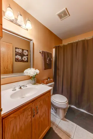 a bathroom with a sink a toilet and shower curtain