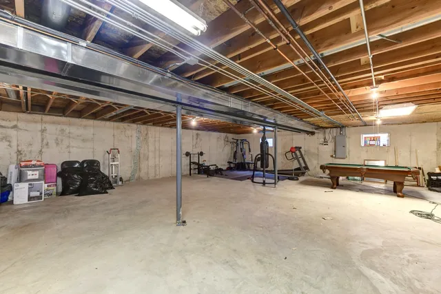 a view of a garage with storage