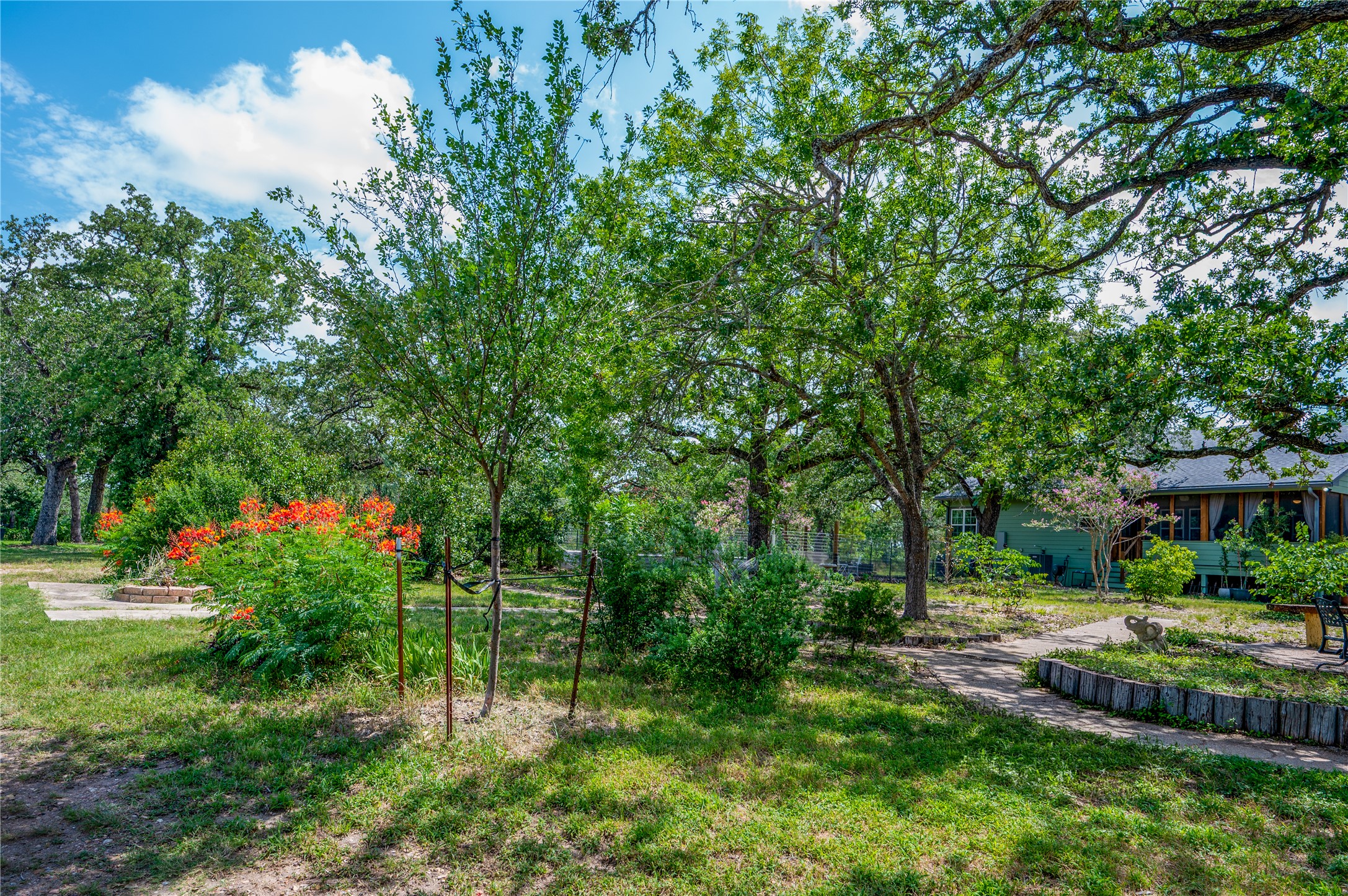 270 Dry Creek Road Manor, TX 78653 - Photo 29 of 40 Mature trees and vibrant landscaping create a peaceful, private outdoor retreat.