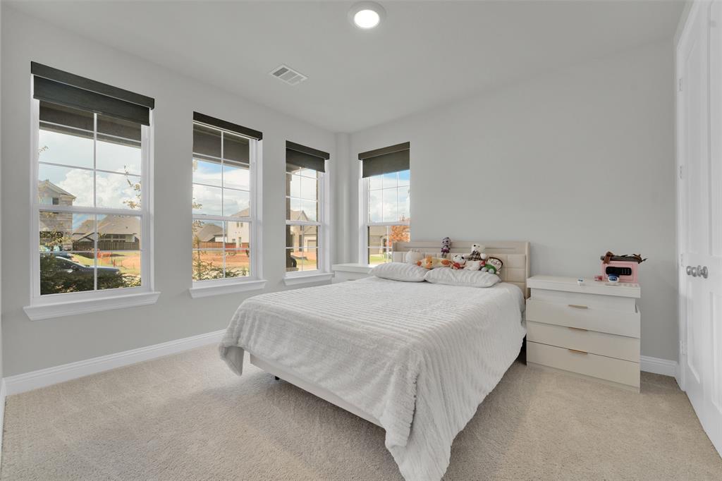 3520 Helios Lane Corinth, TX 76208 - Photo 21 of 37 Bedroom featuring three tall windows with white trim, light gray walls, and plush carpeting