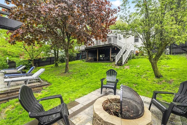 a backyard of a house with table and chairs
