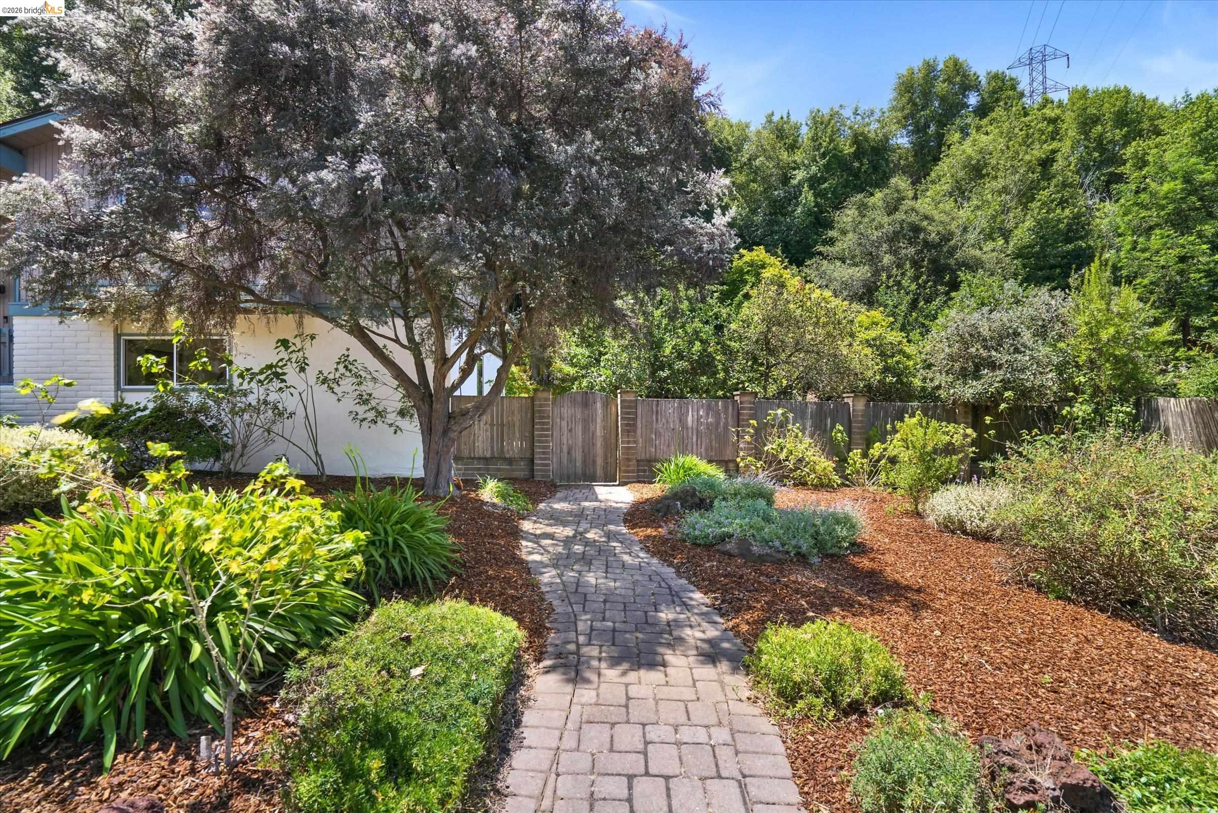2826 Wright Avenue Pinole, CA 94564 - Photo 7 of 70 Brick paver pathway with surrounding landscape featuring mature trees, shrubs, and ground cover