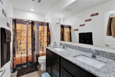 a bathroom with double vanity sink toilet and shower