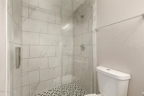 a bathroom with a toilet and a shower