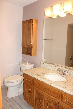 a bathroom with a granite countertop sink toilet and shower
