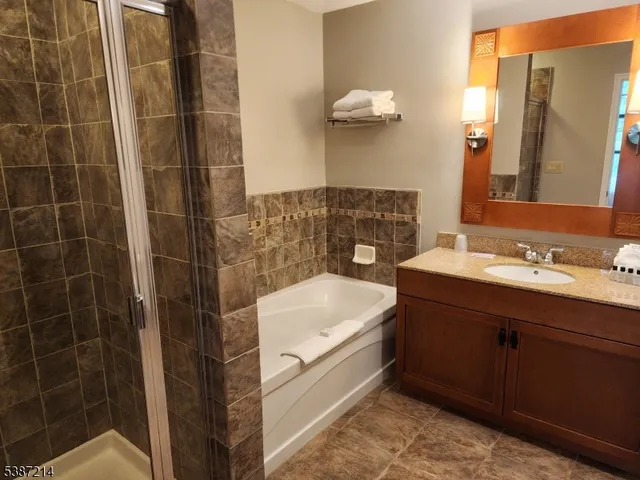 a bathroom with a tub sink and mirror