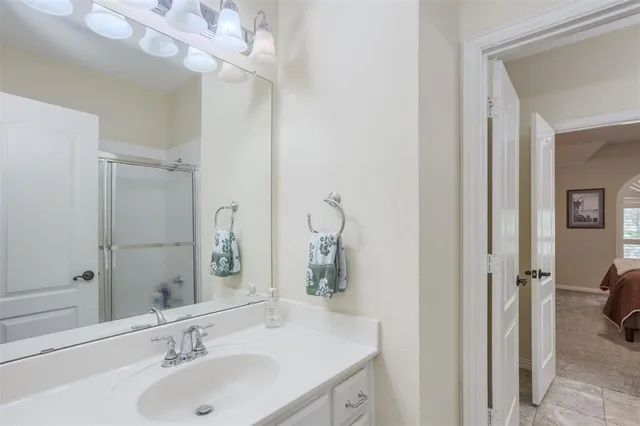 a bathroom with a sink a mirror and a shower
