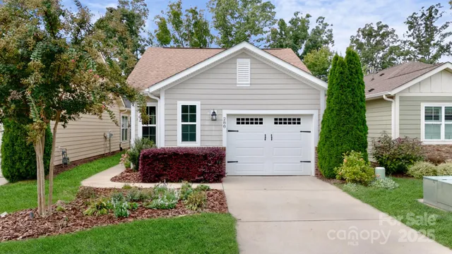 a view of a house with a yard plants and large tree