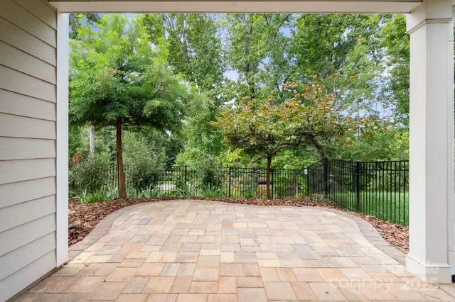 a view of a backyard with large trees
