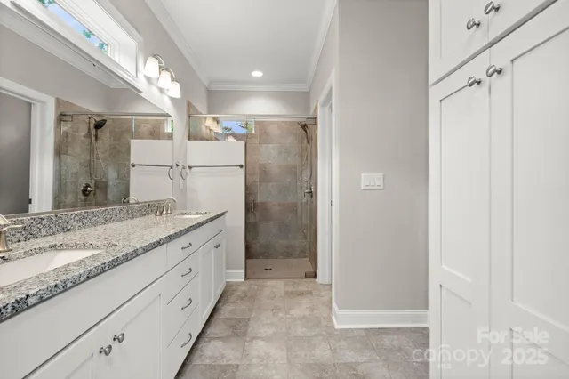 a bathroom with a granite countertop sink a mirror and a shower