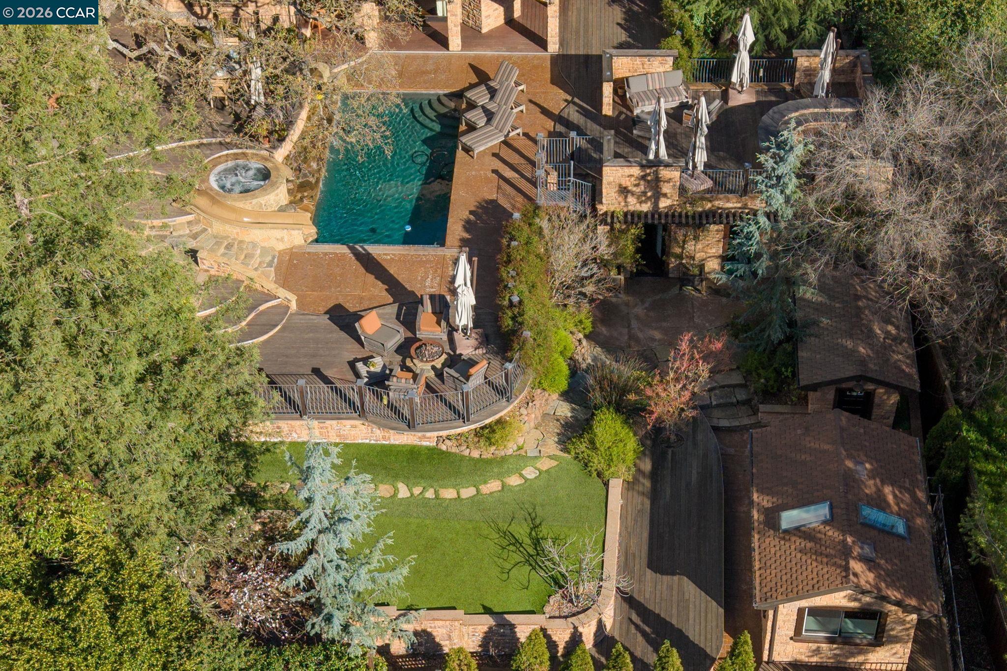321 Livorna Heights Road Alamo, CA 94507 - Photo 46 of 60 an aerial view of a house with a yard and garden