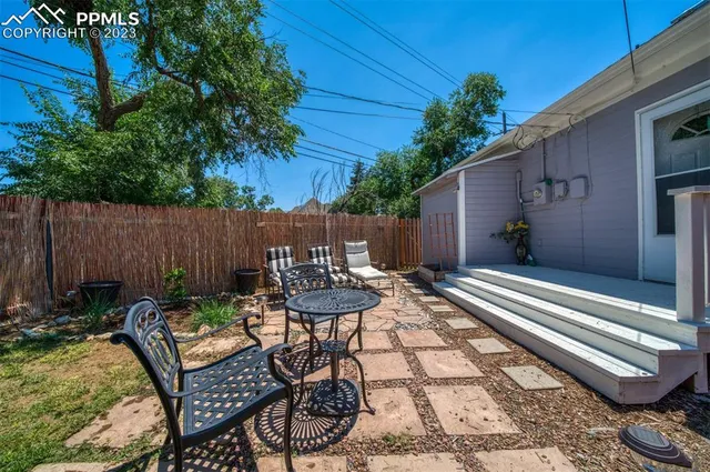 a patio with table and chairs