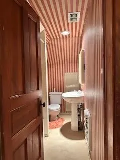 a bathroom with a sink a toilet and shower curtain