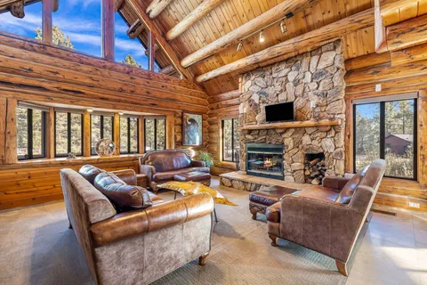 a living room with furniture a fireplace and a flat screen tv