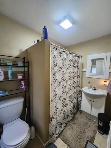 a bathroom with a toilet sink and shower
