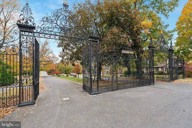 a view of a street with large trees