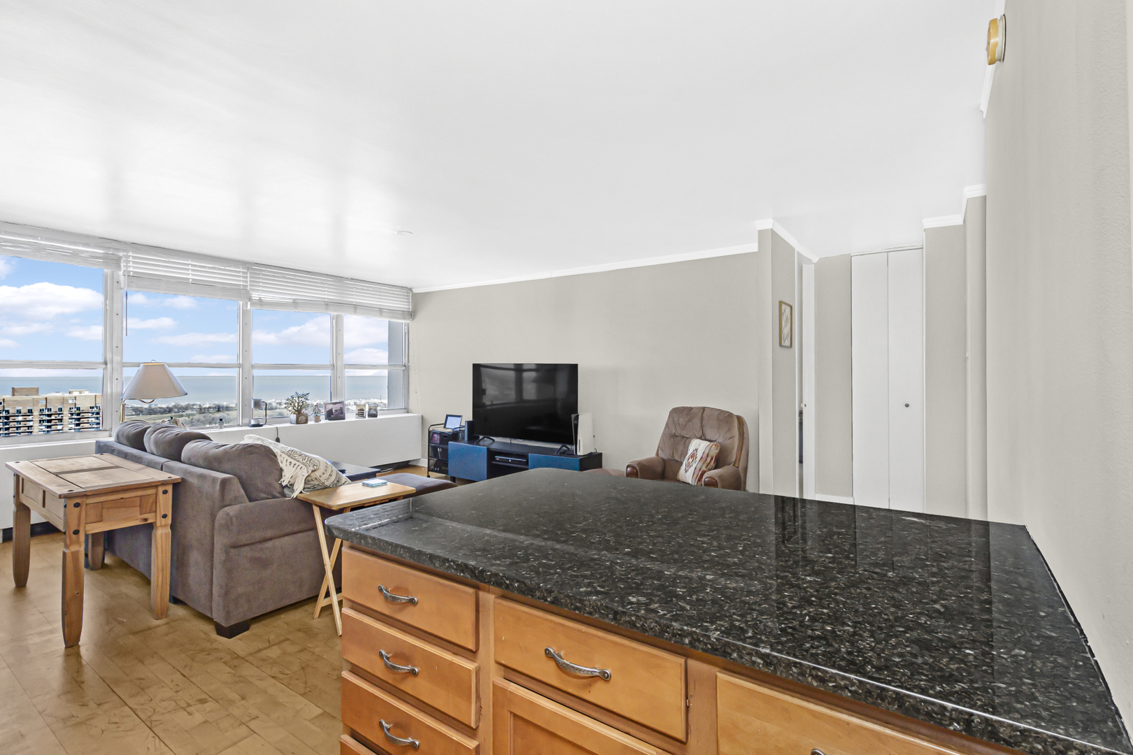 655 West Irving Park Road, Unit 2912 Chicago, IL 60613 - Photo 12 of 23 a living room with couches a flat tv screen and kitchen view