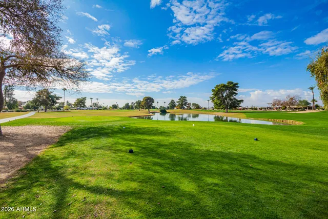 a view of yard with green space and bench in front of it