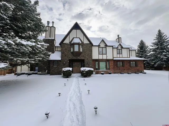 a front view of a house with yard and covered with snow