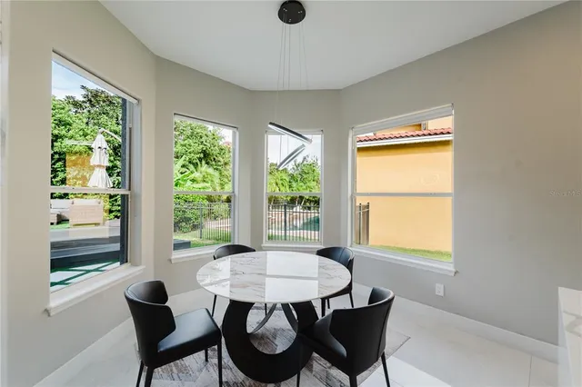 a view of a dining room with furniture window and outside view
