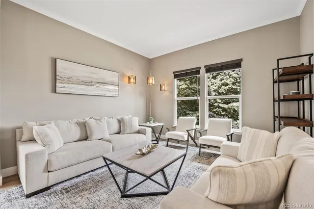a living room with furniture and a large window with bookshelf
