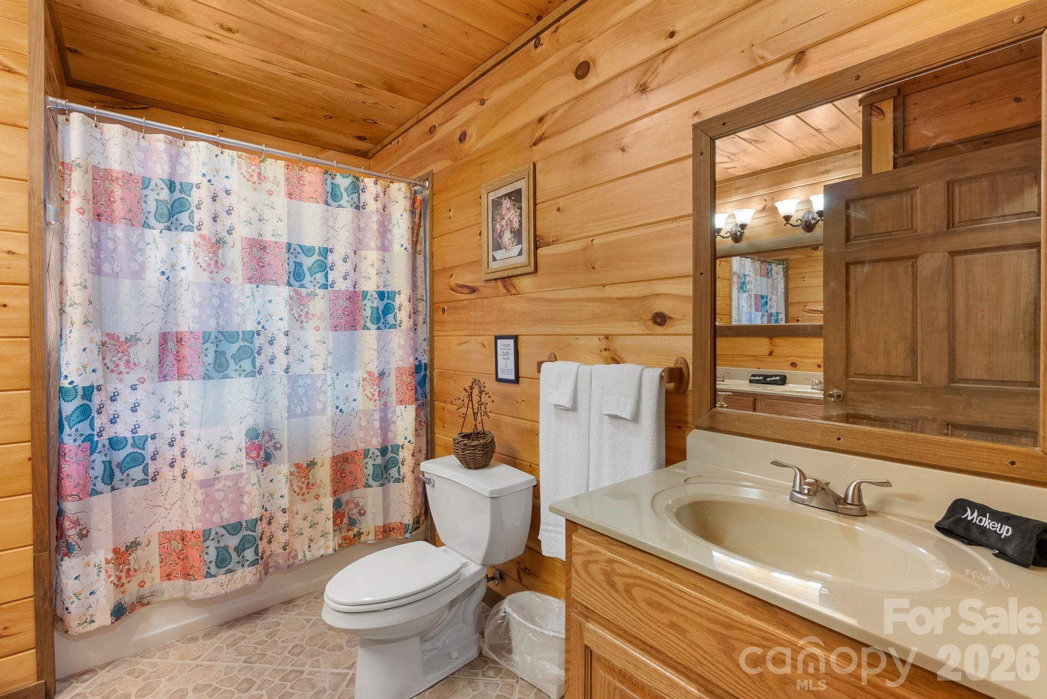 264 Moonbeam Lane Clyde, NC 28721 - Photo 31 of 46 a bathroom with a sink a toilet and shower curtain