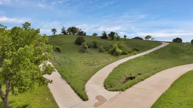 a view of a field with of trees in background
