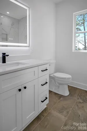 a bathroom with a toilet a sink a vanity and mirror