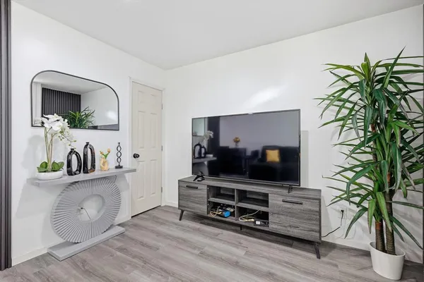 a living room with furniture a potted plant and a flat screen tv