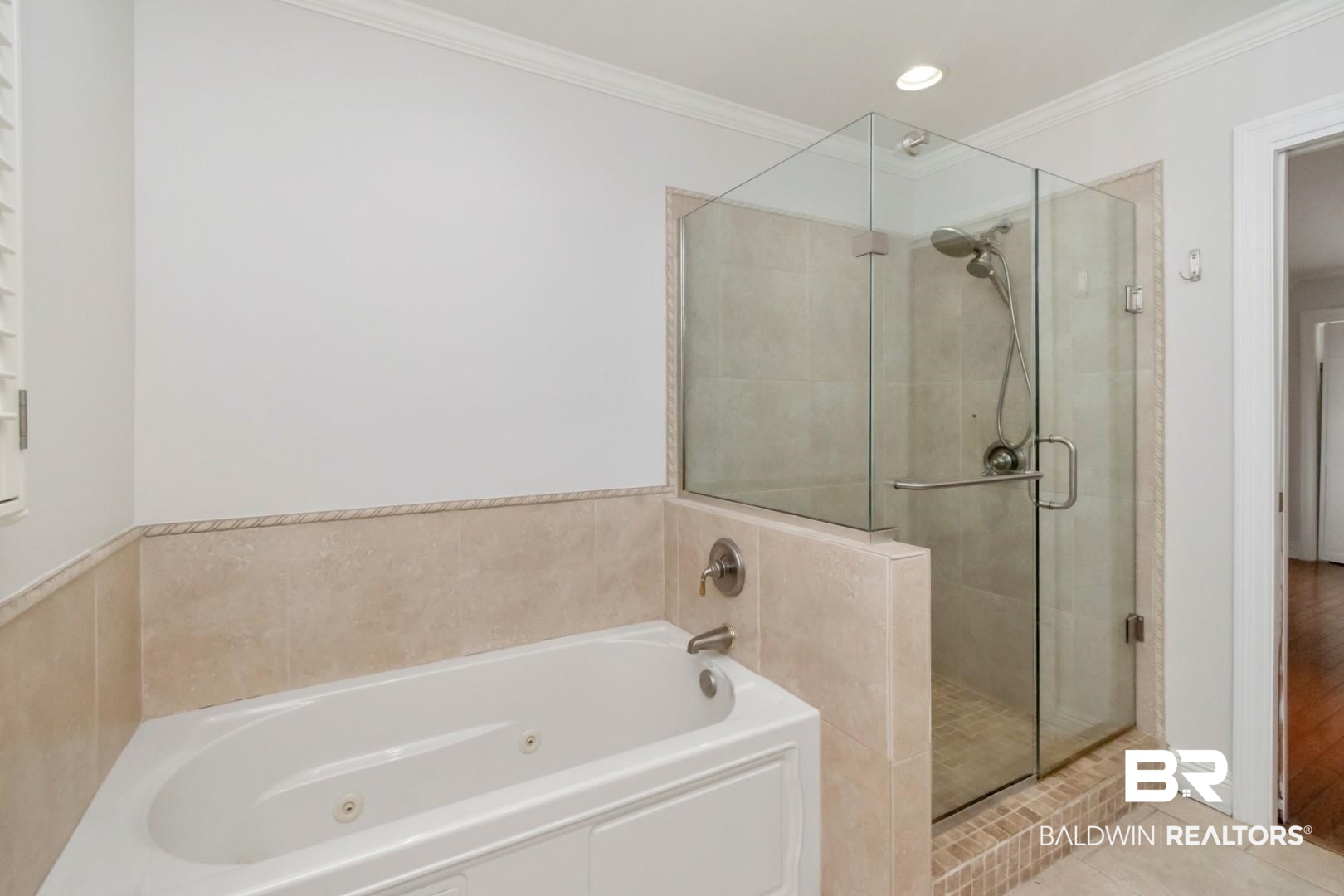 231 Rochester Road Mobile, AL 36608 - Photo 26 of 51 Full bathroom featuring a stall shower, a jetted tub, ornamental molding, light tile patterned flooring, and recessed lighting