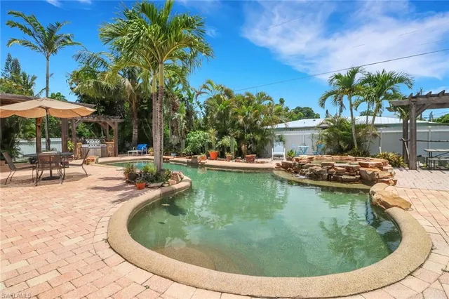 a view of a swimming pool with a garden