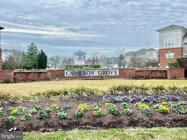 a view of a pathway with a flower garden