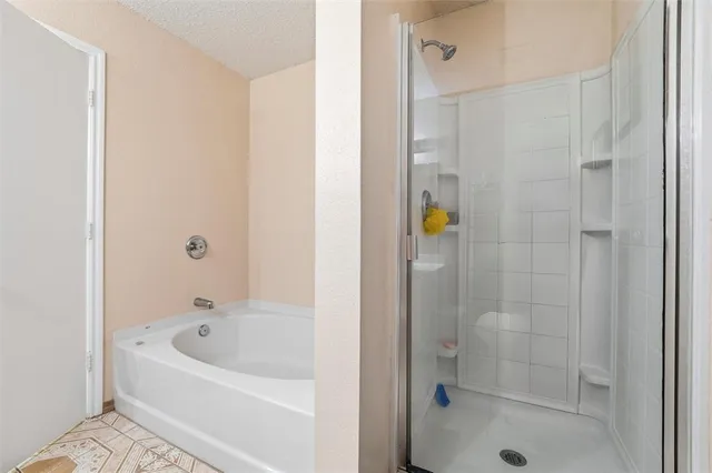 a bathroom with a bathtub and shower