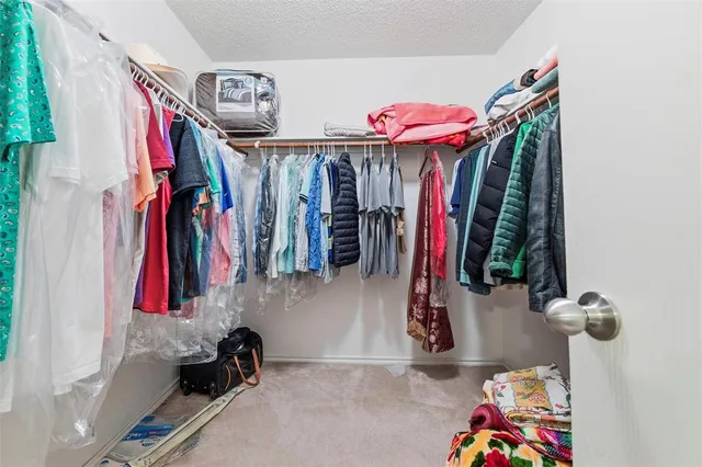 a view of walk in closet with clothes
