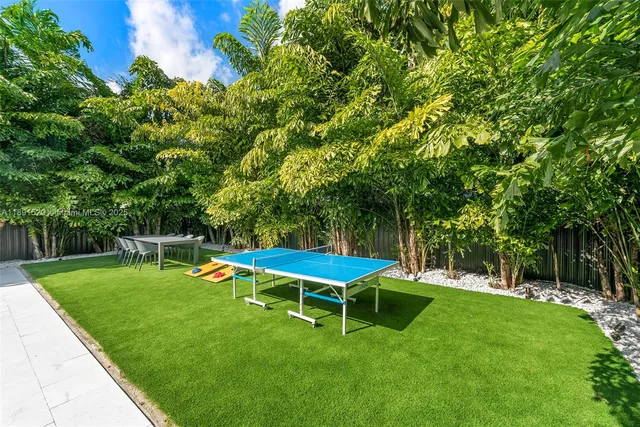 a backyard of a house with table and chairs a fire pit