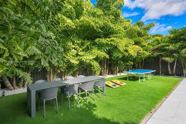 a view of a table and chairs in the garden