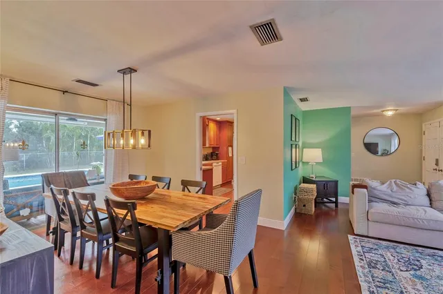 a view of a dining room with furniture window and wooden floor