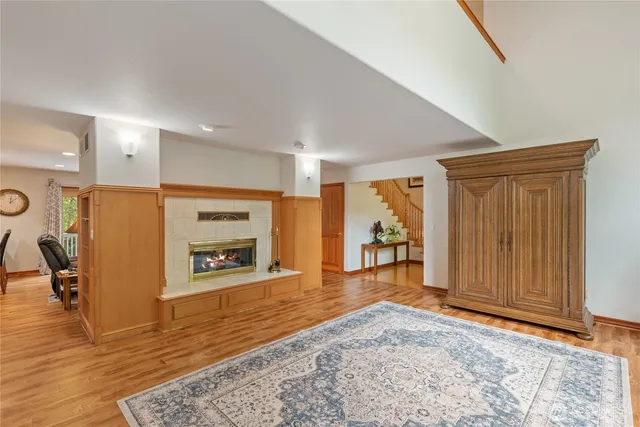 a living room with furniture and a table