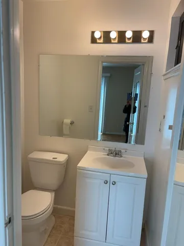 a bathroom with a toilet a sink and mirror