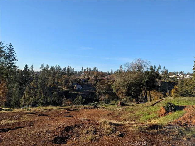 a view of a field with trees in the background