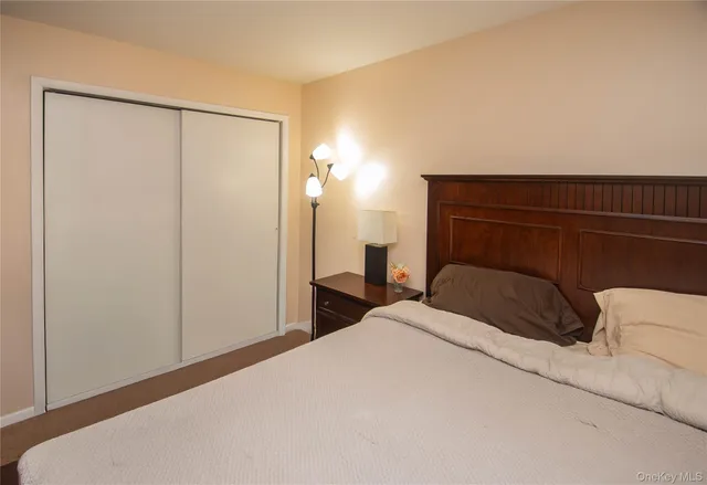 a bedroom with a bed and a closet