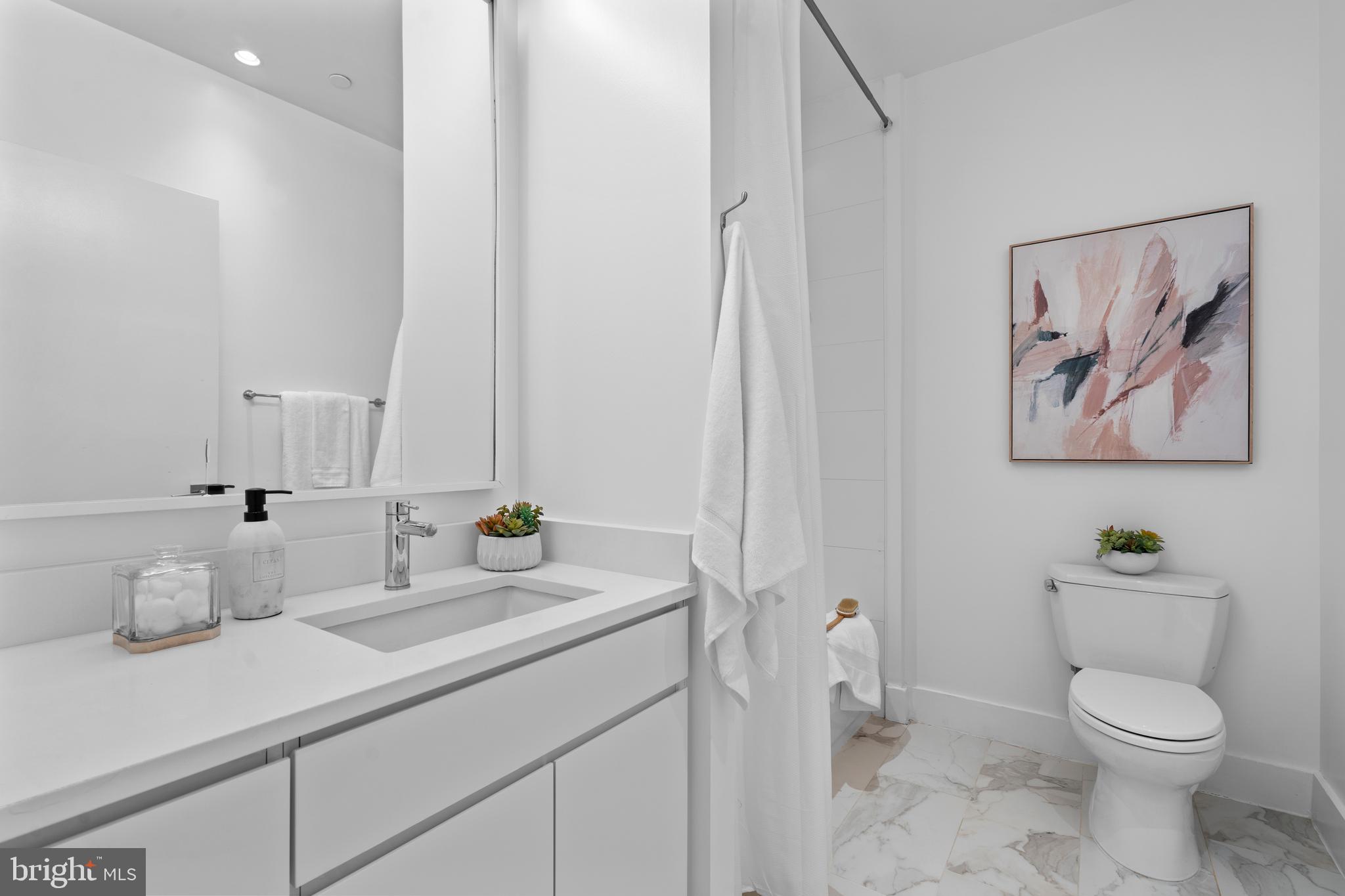 1324 E Street Southeast, Unit 201 Washington, DC 20003 - Photo 35 of 47 a bathroom with a sink a toilet and a mirror